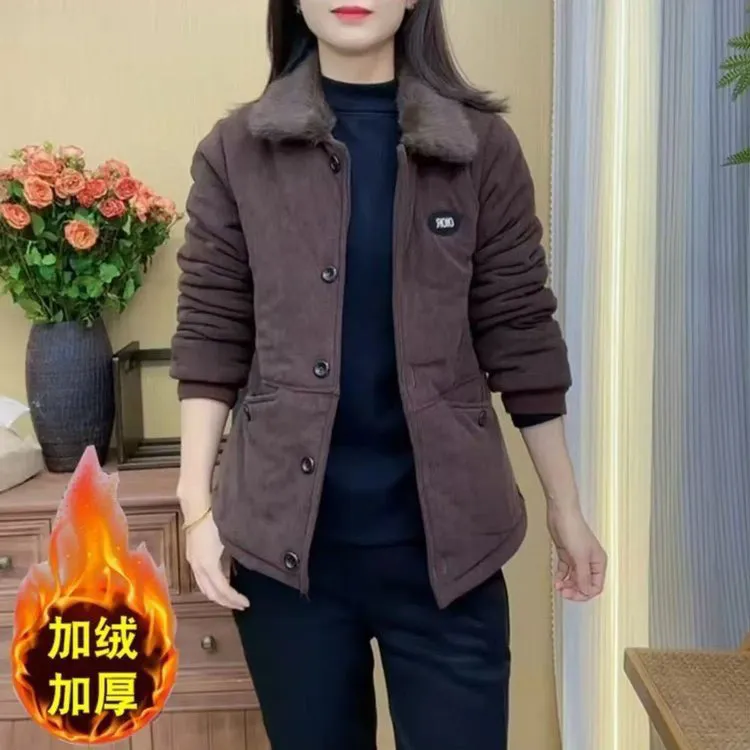 小个子妈妈装冬季加绒灯芯绒厚外套毛领条绒棉衣宽松中老年上衣服