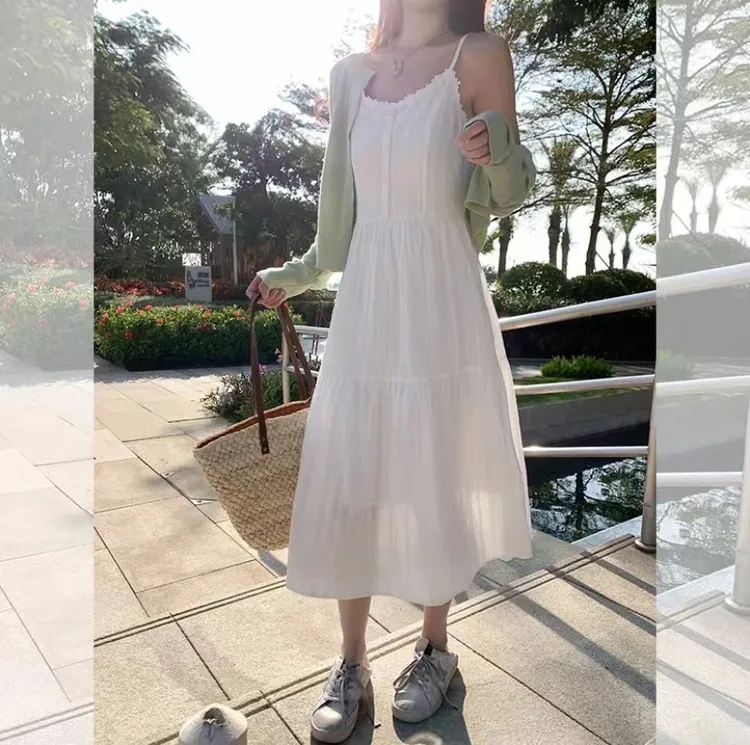 A字裙夏季春夏长裙吊带V领连衣裙白色吊带裙韩版气质法式显瘦