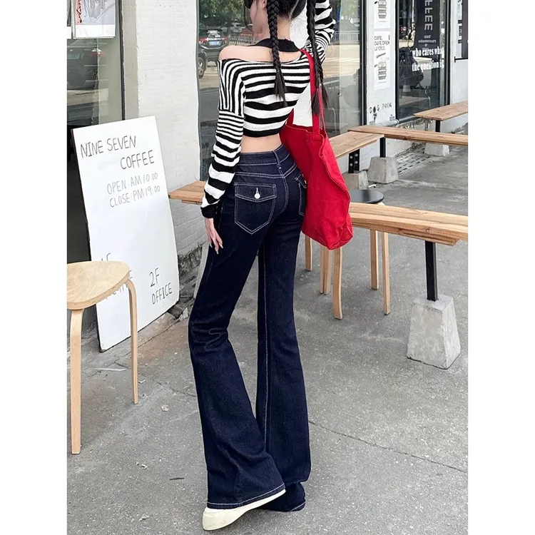 2025新款深蓝低腰喇叭牛仔裤女秋冬辣妹弹力修身显瘦高个子马蹄裤