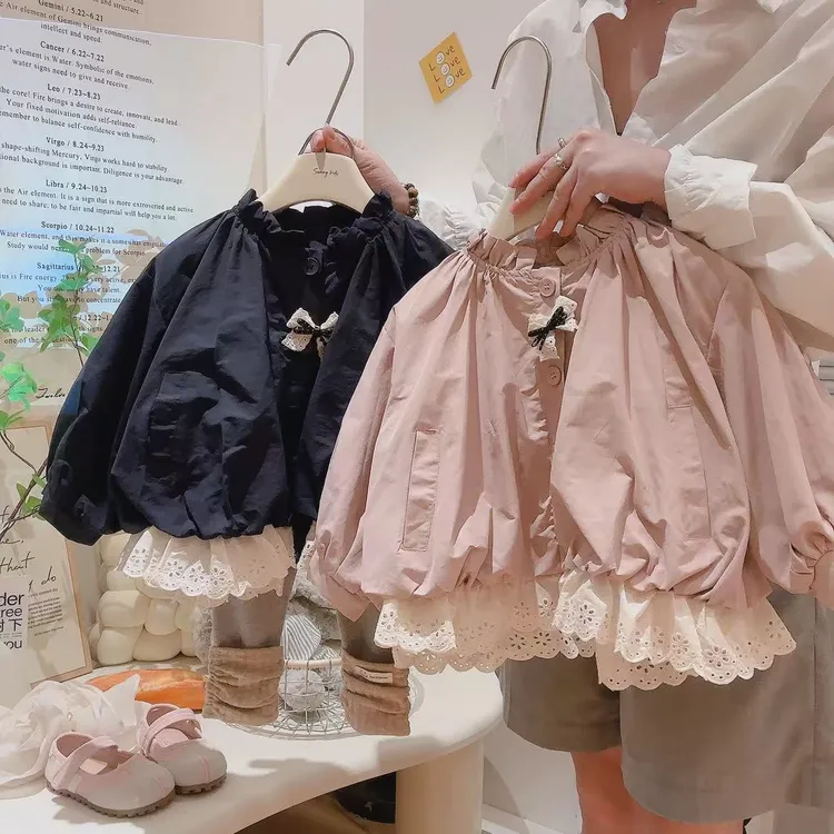 女童2025年春秋新款纯色花苞上衣花边领秋季时尚韩版棉感普通外套