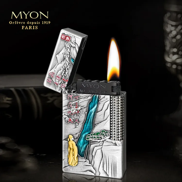 MYON爵士待机王M9庐山大瀑布包银鎏金珐琅彩一机一码煤油打火机