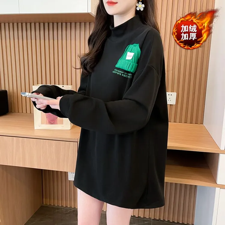 大码女装德绒加厚打底衫女秋冬新款外穿洋气宽松保暖上衣中长款