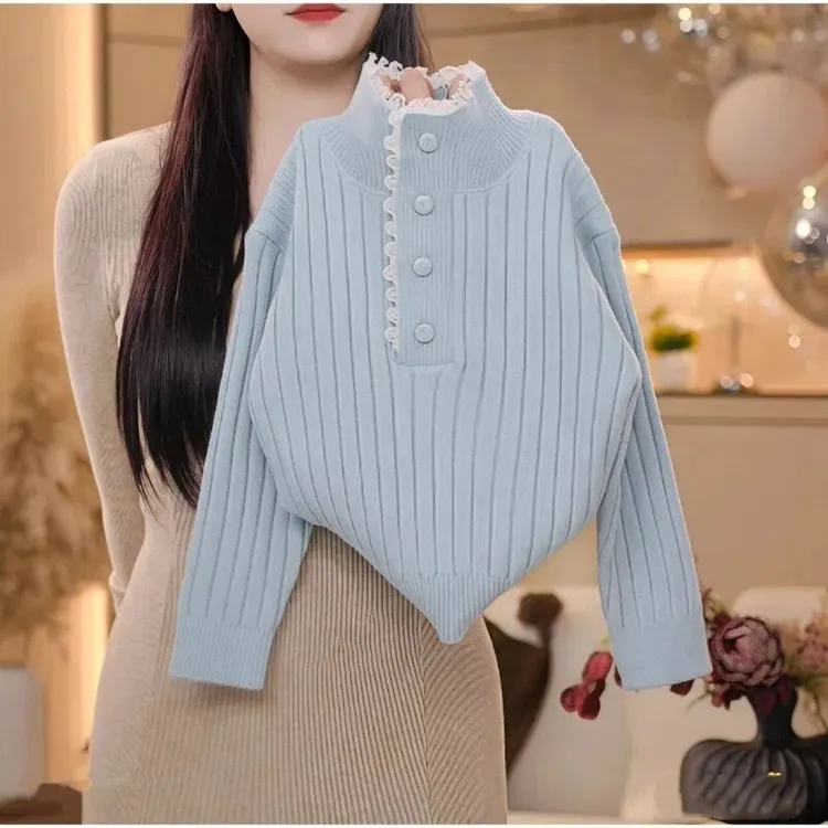 女童花边毛衣加绒直筒裤套装秋冬2025新款加厚半高领针织打底衫潮