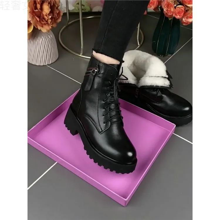 真皮羊毛棉鞋女中跟短靴冬季皮毛一雪地靴加绒保暖防滑粗跟棉靴