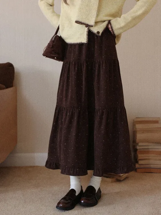 咖色复古碎花a字半身裙女秋冬小个子高腰长裙