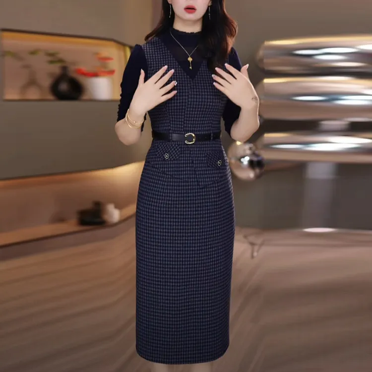 四面弹2025秋冬季新款高级感修身气质加厚保暖假两件打底连衣裙子