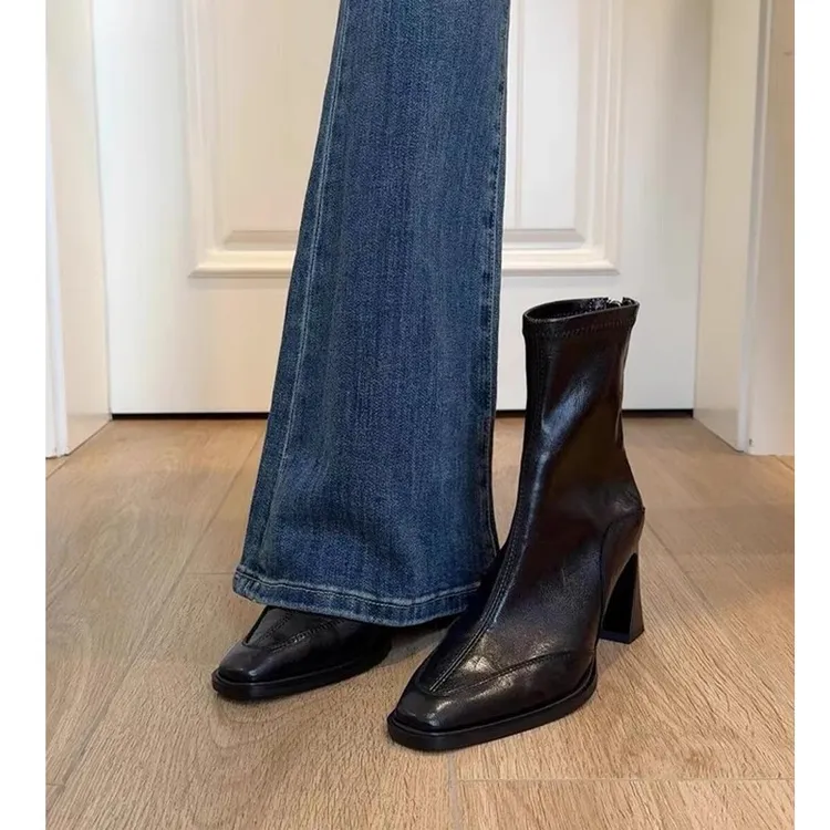 增高7.5CM高跟方头瘦瘦靴短靴女粗跟复古马丁靴英伦风短筒单靴