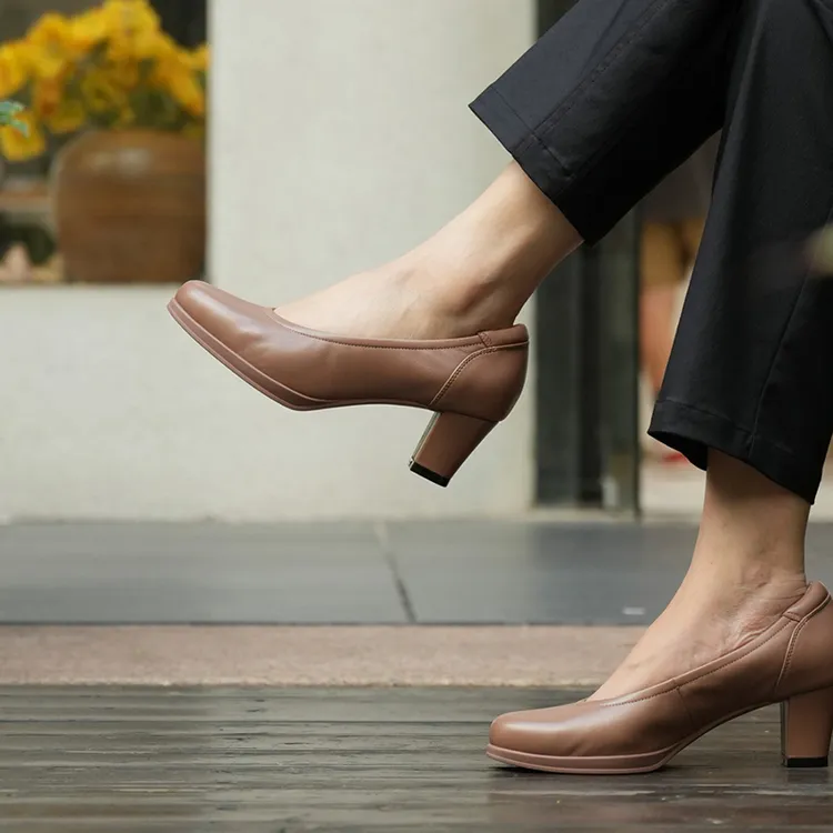 壹家shoes055027羊皮5.5cm防水台高跟鞋圆头粗跟女鞋单鞋通勤女鞋