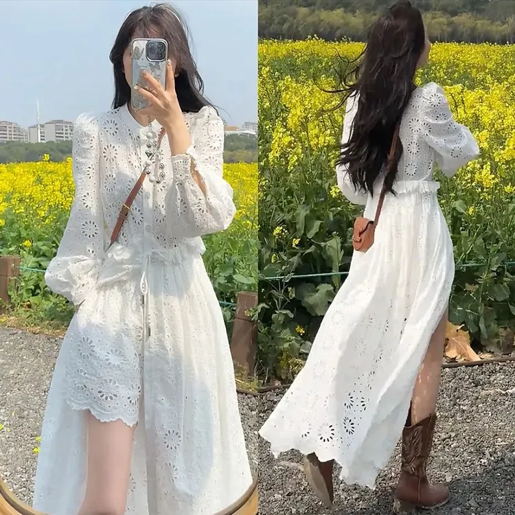 春夏新款法式气质设计感白色蕾丝中长款镂空显瘦温柔风连衣裙裙子