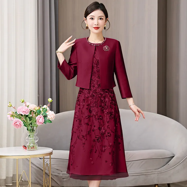 喜妈妈婚礼宴会两件套连衣裙2025秋冬新款高贵年轻喜婆婆婚宴礼服