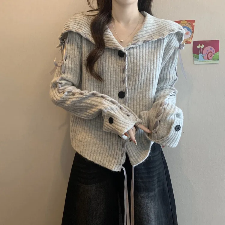 海军领毛衣外套秋冬季宽松显瘦减龄上衣设计感慵懒风外穿针织衫