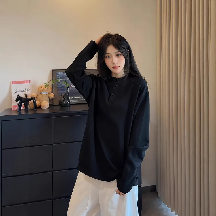 亨利领美式polo衫卫衣男女款秋季正肩休闲t恤重磅黑色内搭打底衫