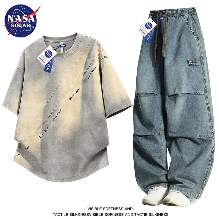 NASA SOLAR美式复古高街字母印花短袖套装男士港风休闲大码牛仔裤