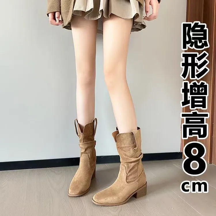 复古时尚牛仔靴女2025春秋新款尖头粗跟褶皱堆堆短筒马丁靴骑士靴