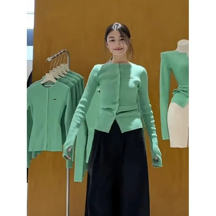 韩系圆领绿色长袖针织开衫女春季法式小众设计感修身显瘦打底上衣