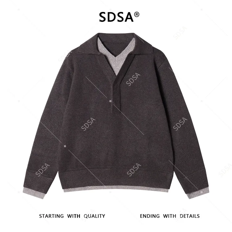SDSA男士秋冬新款痞帅男装韩版撞色翻领净版假两件毛衣宽松百搭
