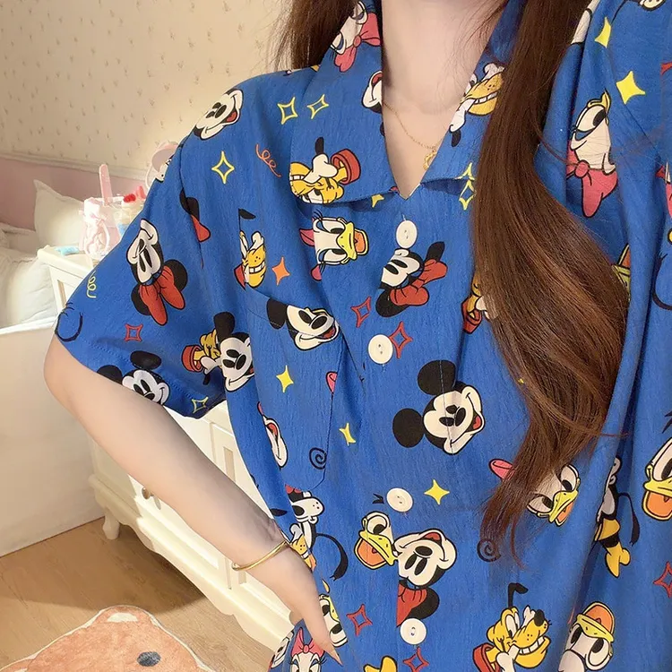 宝蓝米奇总动员带胸垫睡衣女夏季天泡泡棉短袖长裤可爱家居服套装