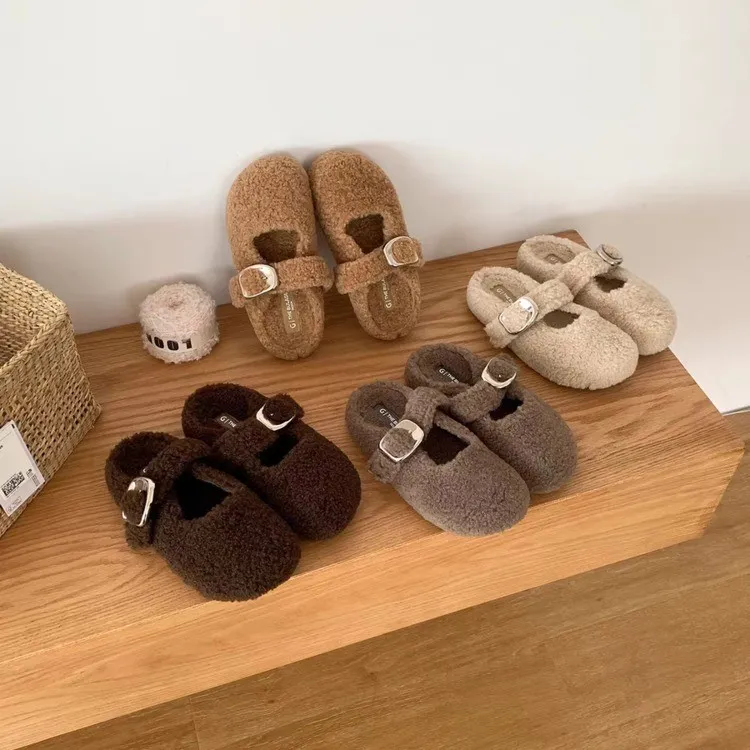 周也同款玛丽珍一字棉拖鞋保暖毛毛鞋女2025秋冬新款包头半拖鞋女