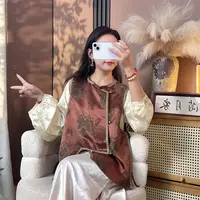 【悦金】早秋新中式提花缎面琵琶襟复古马甲百搭高级上衣女