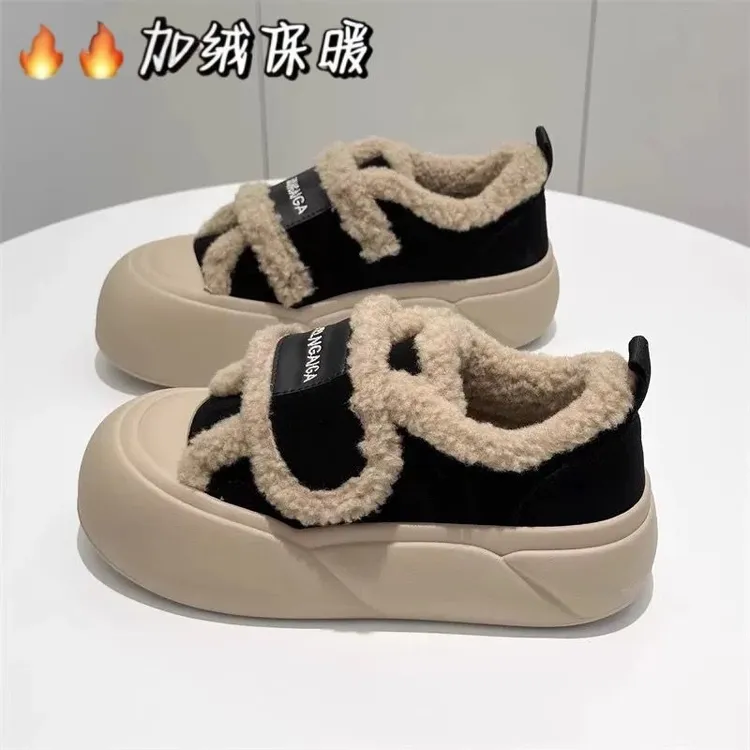 松糕底魔术贴棉鞋女冬加绒加厚2025冬季新款一脚蹬乐福鞋面包鞋潮