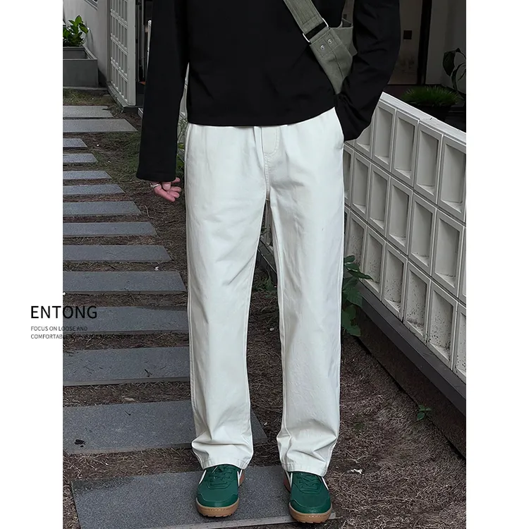 Entong潮牌美式白色休闲裤男款抽绳百搭显瘦直筒裤子简约宽松长裤