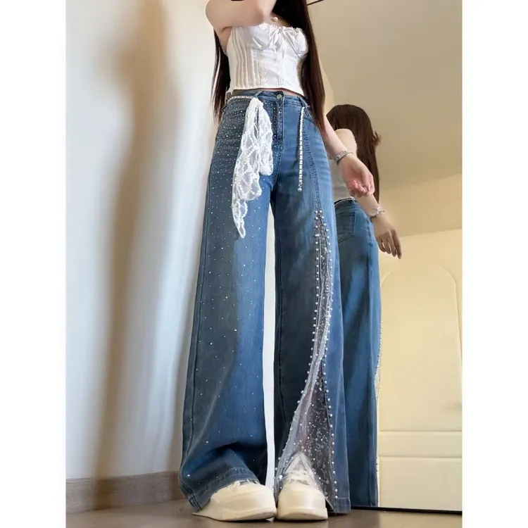 蕾丝网纱拼接亮钻阔腿牛仔裤女2025秋季新款高腰宽松显瘦拖地长裤