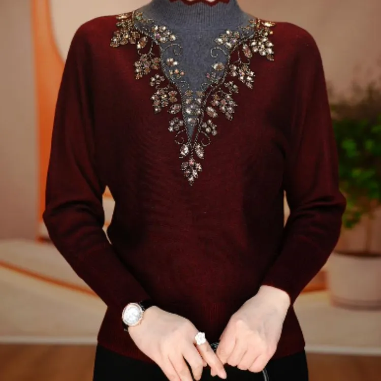 轻奢风气质通勤百搭妈妈针织衫2025冬季新款设计感镶钻洋气毛衣女