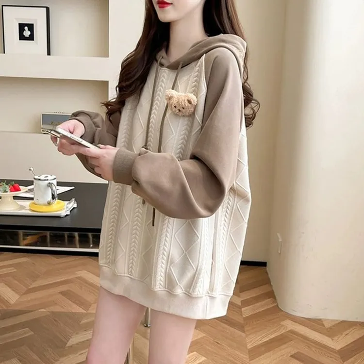 春秋季薄款拼色提花连帽卫衣女休闲百搭学生韩版公仔可爱风外套潮