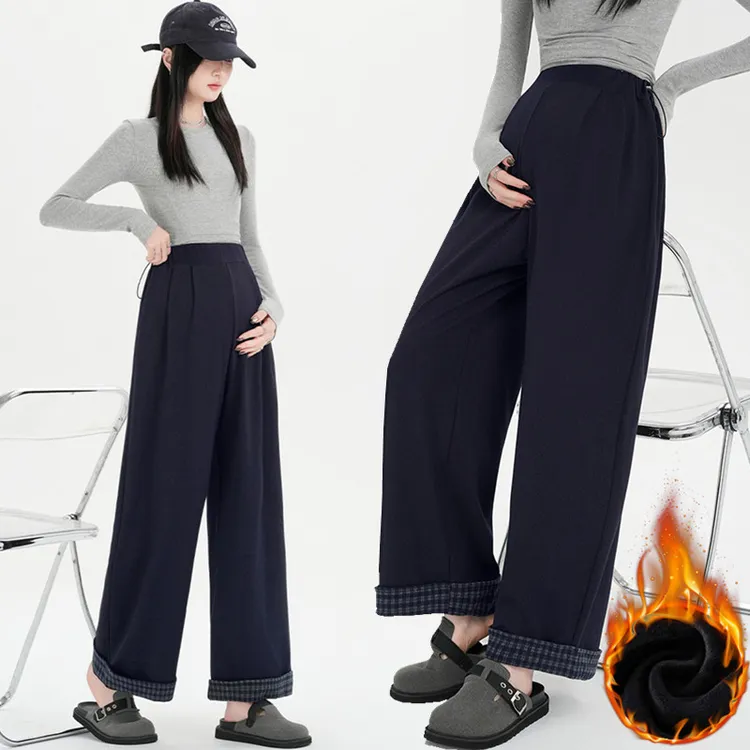 大码孕妇裤子秋冬季仿牛仔宽松直筒裤加绒保暖休闲阔腿裤春秋款