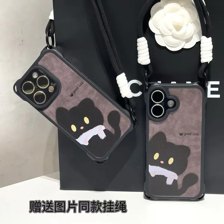 皮纹小黑猫挂绳适用iPhone14苹果16手机壳华为p70vivo小米15oppo