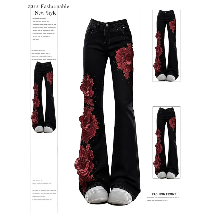 黑色微喇牛仔裤女美式复古设计感玫瑰拼接y2k辣妹修身显瘦拖地裤