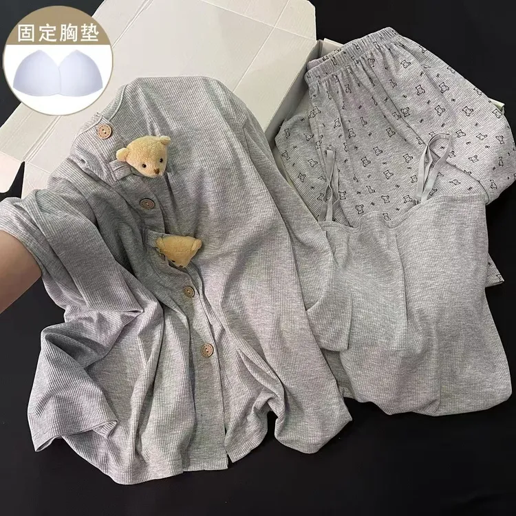 带胸垫深灰小熊睡衣女款春秋夏季莫代尔吊带长袖长裤三件套家居服