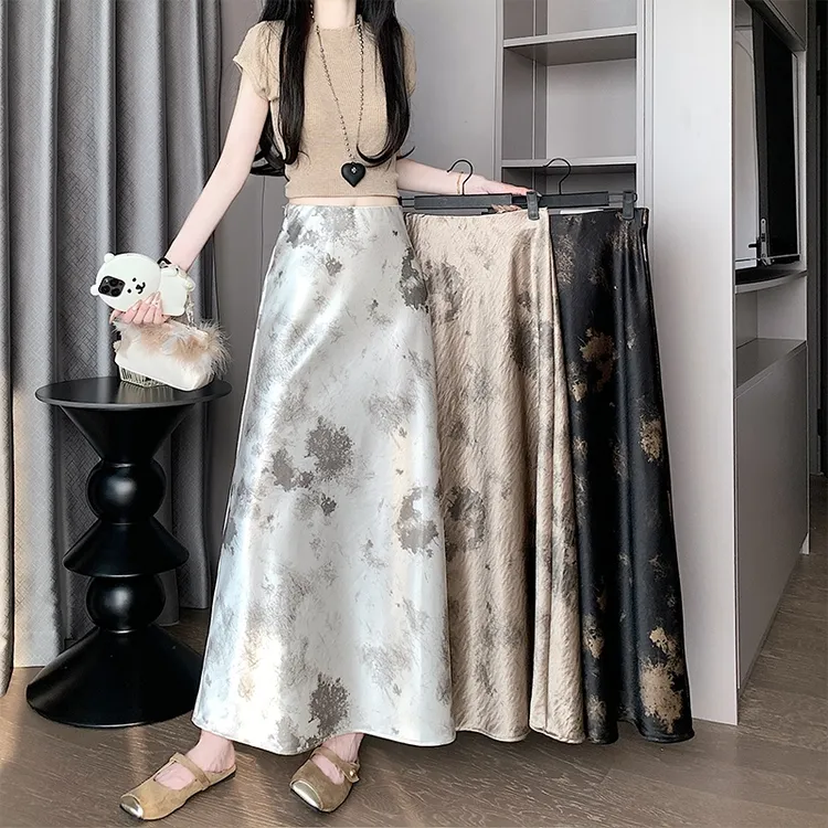 水墨画扎染醋酸缎面鱼尾半身裙女夏季款高腰显瘦垂感a字包臀长裙