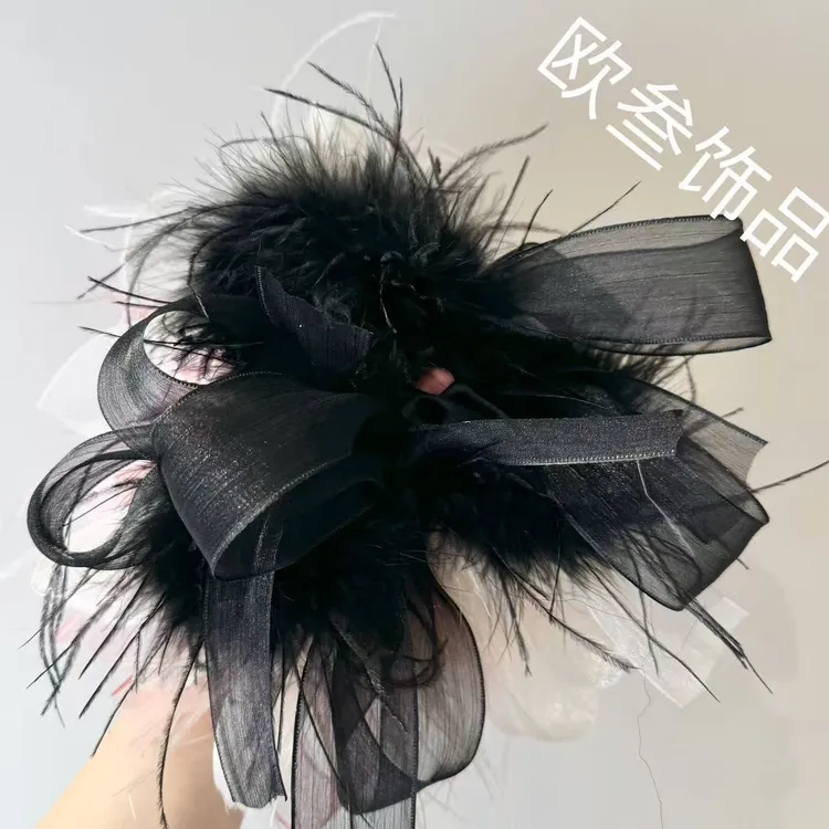 dcq780大版缎面毛毛蝴蝶结单圈大肠圈发饰高级百搭精致纯手工