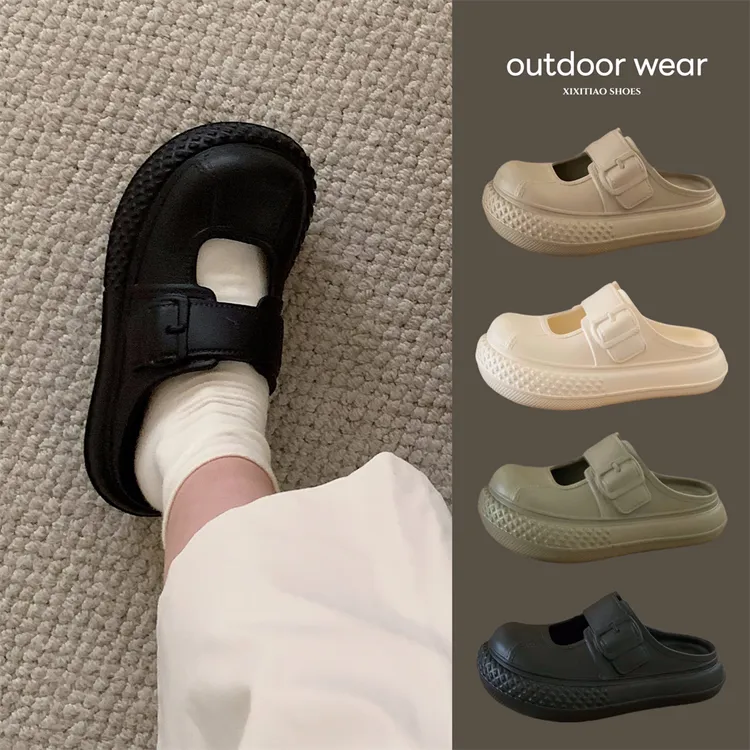 细细条 懒人一脚蹬半拖鞋网红休闲户外穿防滑玛丽珍凉拖鞋女夏季