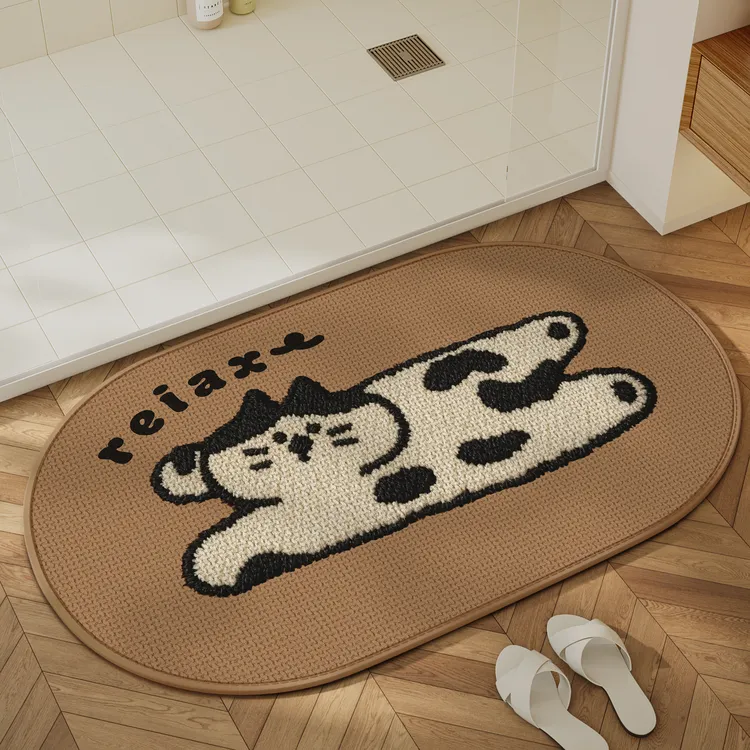 卡通猫咪仿亚麻编织浴室地垫吸水速干卫生间防滑脚垫子耐脏地毯