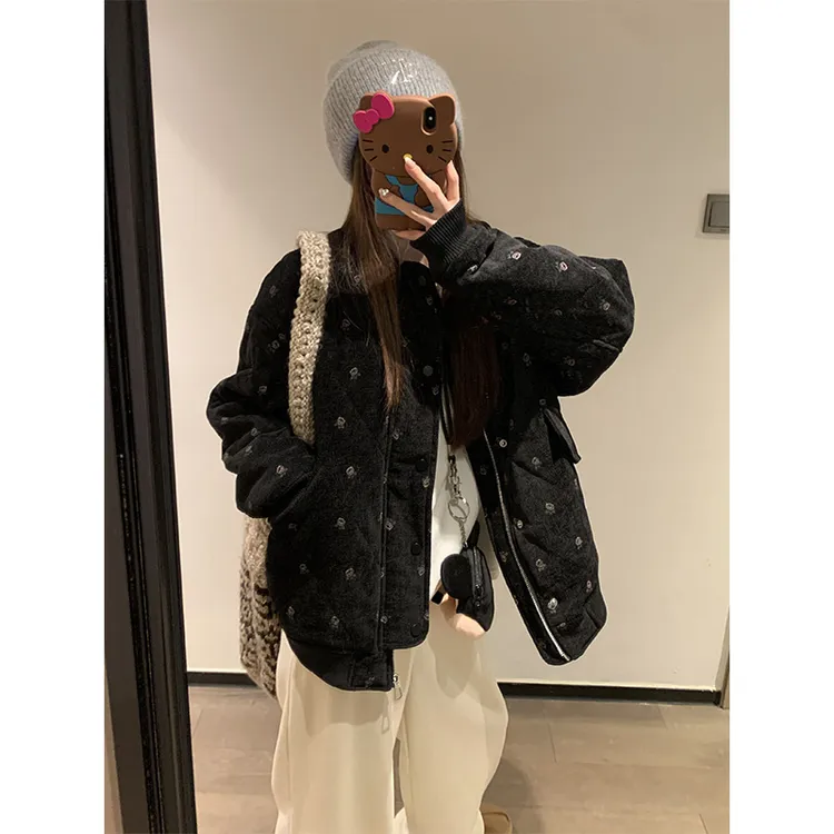 MARIE.COCO韩系百搭黑色碎花棉服女冬季新款宽松夹棉保暖棉衣外套