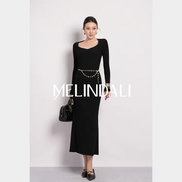 Melinda Li【天鹅套】优雅气质显瘦曲珠纱长袖针织衫上衣半裙套装