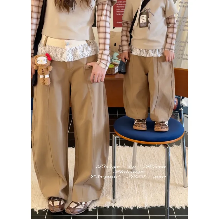 【银杏落叶】三Hihoniya~2025秋季亲子蕾丝拼接卡其慵懒显瘦弯刀裤