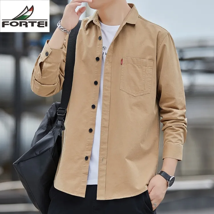 FORTEI/富鋌纯色薄款男装衬衫长袖休闲宽松全棉百搭工装外套衬衣