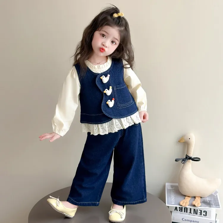 女童秋装2025新款儿童套装女春秋鸭子女宝宝牛仔套装秋季韩系穿搭