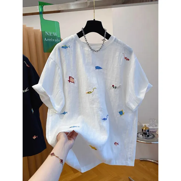 【胖妹妹】夏季新款美式复古刺绣短袖t恤女宽松大码别致百搭上衣