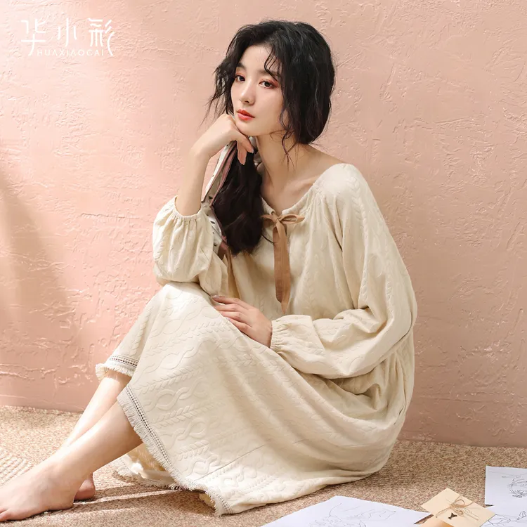 女士睡裙春秋季纯棉长袖高级感中长款家居服甜美公主风宽松睡衣冬