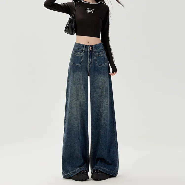 【CCG专属+运险】2025新款阔腿牛仔裤女前双口袋蓝色高腰拖地裤