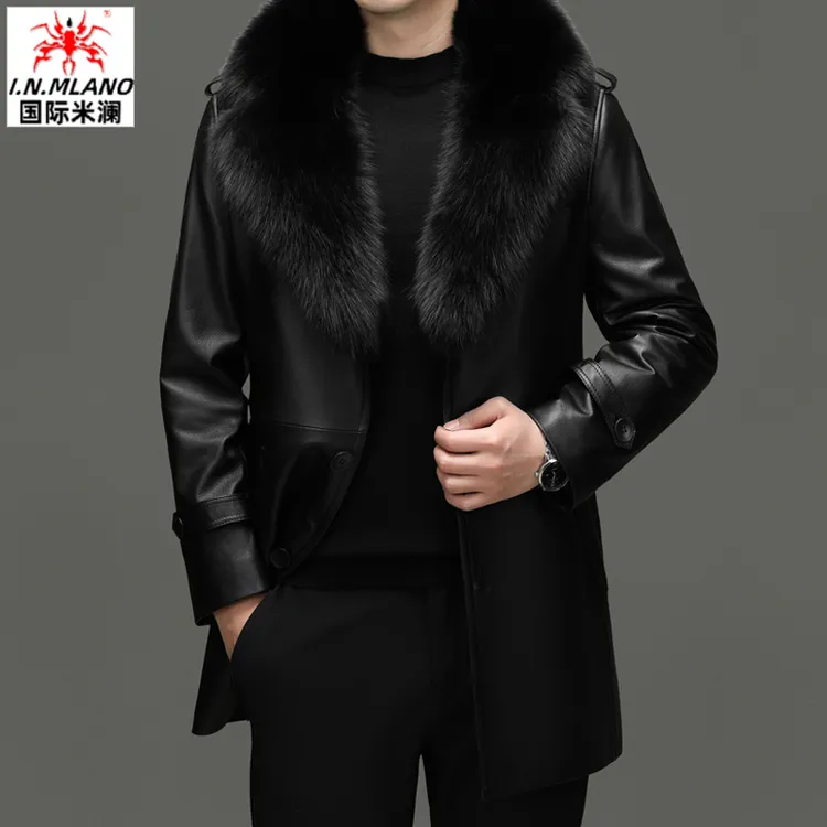 【中长款牛皮】皮衣男真皮秋冬加绒中老年皮风衣海宁大码皮夹克外套