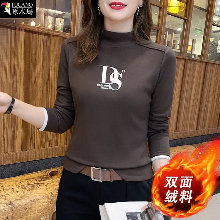 啄木鸟正品2025长袖半高领韩版修身女澳绒T恤冬季双面绒外穿内搭