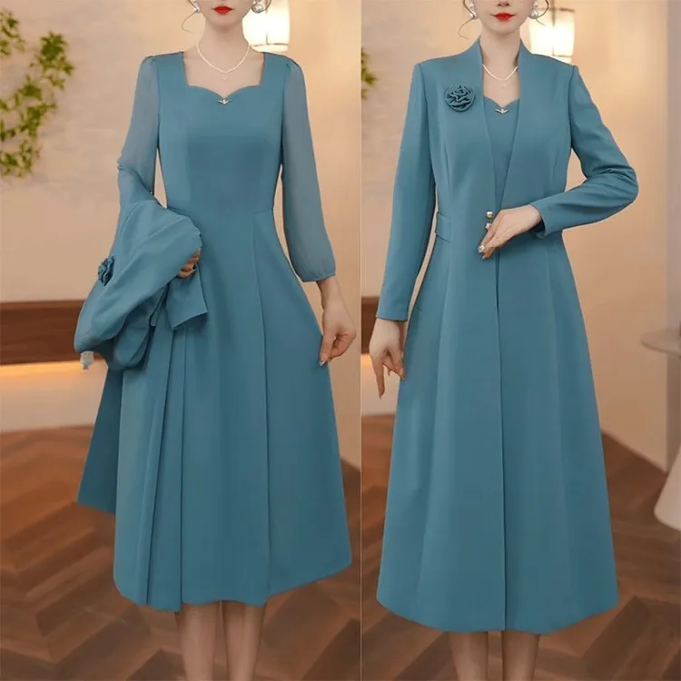 时尚洋气连衣裙套装女2025早秋新款妈妈气质减龄长袖桃心中长裙女