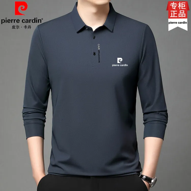 皮尔卡丹春秋男士桑蚕丝休闲POLO衫上衣中年时尚潮流百搭长袖T恤