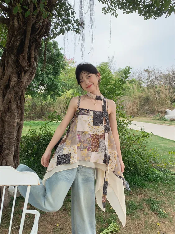 十三行荷叶边印花民族风图案拼接吊带飘带不规则挂脖雪纺上衣女夏