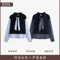 【大婷】高端韩版条纹拼接假两件长袖衬衫女2025秋季休闲上衣25396